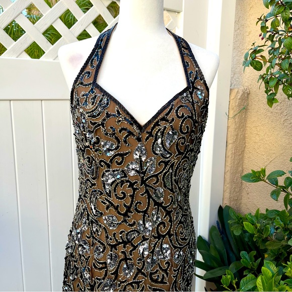 Vintage Oleg Cassini Black Tie Collection Silk Rhinestone Halter Dress Size 10 - Picture 14 of 15
